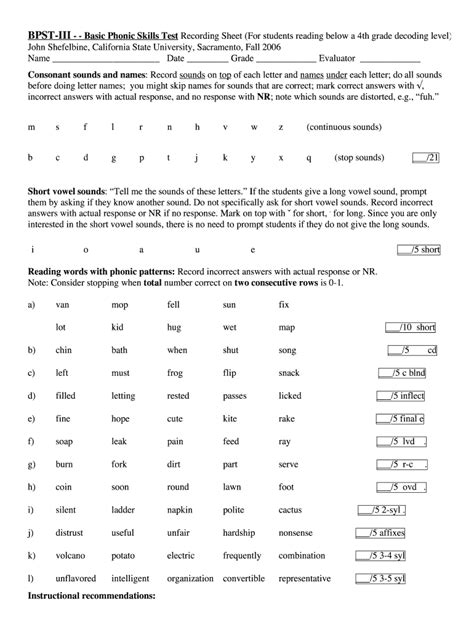 Ask the child to tell you the sound that each letter makes. . Bpst scoring sheet